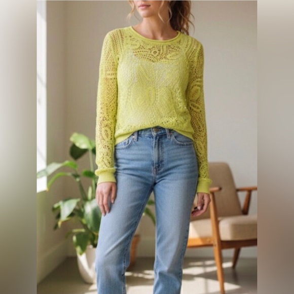Vtg Y2K Ralph Lauren Soft Hand Crochet Neon Yellow Viscose Knit Sweater M Rare